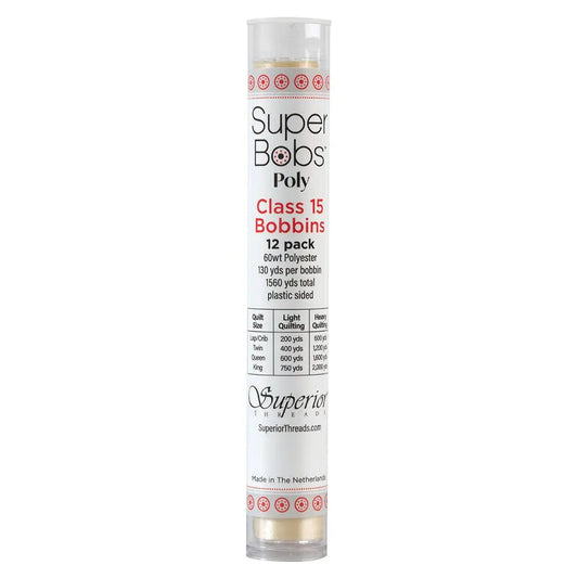 Super Bobs Poly #620 Cream (Class 15) 12 pack pre-wound bobbins.