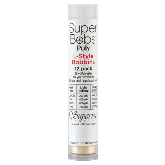 Super Bobs Poly #620 Cream (L-Style) 12 pack pre-wound bobbins.