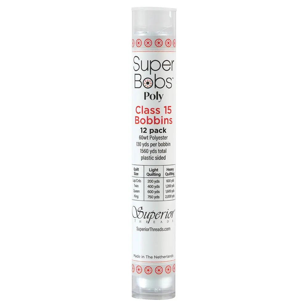 Super Bobs Poly #621 Lace White (Class 15) 12 pack pre-wound bobbins.