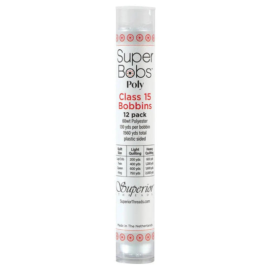 Super Bobs Poly #621 Lace White (Class 15) 12 pack pre-wound bobbins.