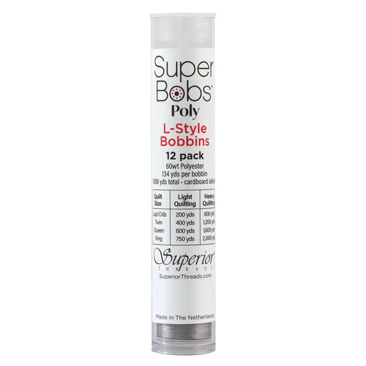 Super Bobs Poly #622 Gray (L-Style) 12 pack pre-wound bobbins.