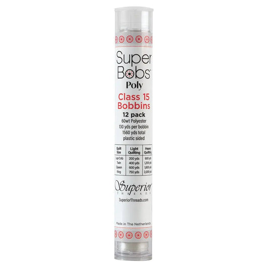 Super Bobs Poly #623 Silver (Class 15) 12 pack pre-wound bobbins.