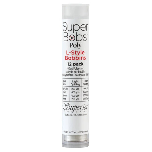 Super Bobs Poly #623 Silver (L-Style) 12 pack pre-wound bobbins.