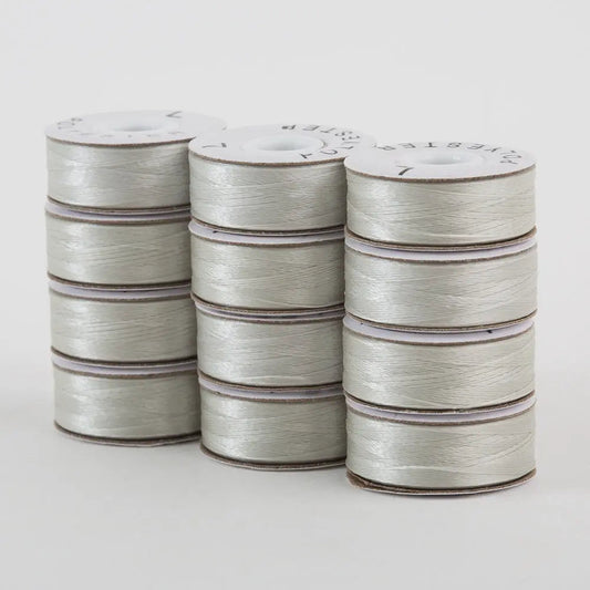 Super Bobs Poly #623 Silver (L-Style) 72 pack pre-wound bobbins.
