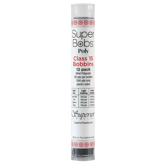 Super Bobs Poly #625 Black (Class 15) 12 pack pre-wound bobbins.