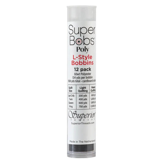 Super Bobs Poly #625 Black (L-Style) 12 pack pre-wound bobbins.
