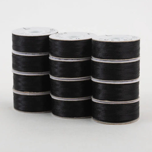 Super Bobs Poly #625 Black (L-Style) 72 pack pre-wound bobbins.