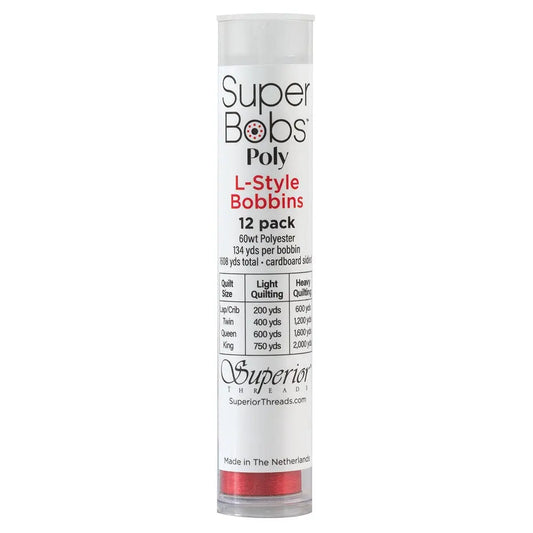 Super Bobs Poly #627 Bright Red (L-Style) 12 pack pre-wound bobbins.