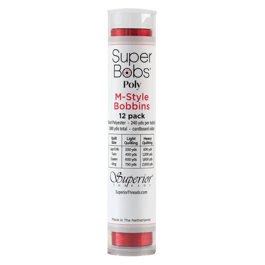 Super Bobs Poly #627 Bright Red (M-Style) 12 pack pre-wound bobbins