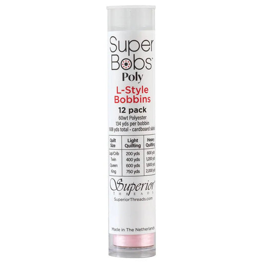 Super Bobs Poly #628 Baby Pink (L-Style) 12 pack pre-wound bobbins.