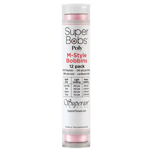 Super Bobs Poly #628 Baby Pink (M-Style) 12 pack pre-wound bobbins