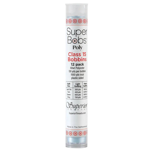 Super Bobs Poly #634 Baby Blue (Class 15) 12 pack pre-wound bobbins.
