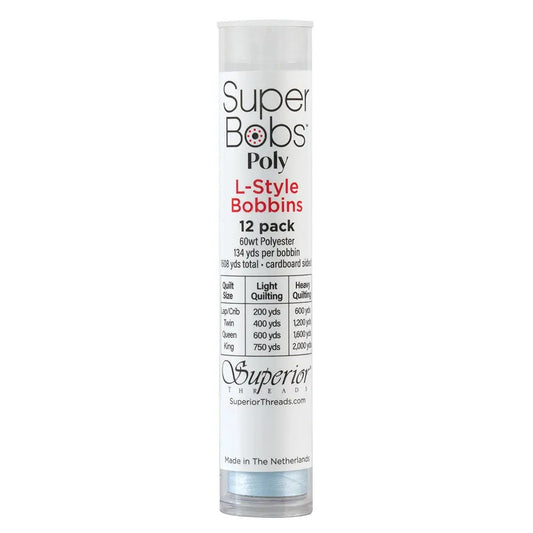 Super Bobs Poly #634 Baby Blue (L-Style) 12 pack pre-wound bobbins.