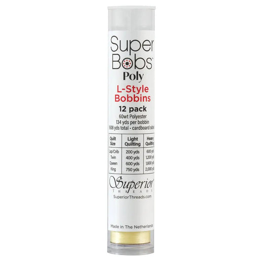 Super Bobs Poly #640 Light Yellow (L-Style) 12 pack pre-wound bobbins.