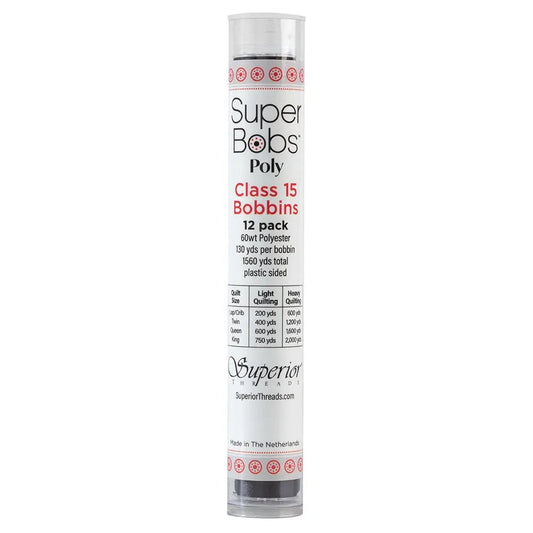 Super Bobs Poly #649 Dark Gray (Class 15) 12 pack pre-wound bobbins.