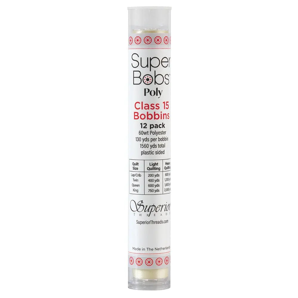 Super Bobs Poly #651 Ivory (Class 15) 12 pack pre-wound bobbins.