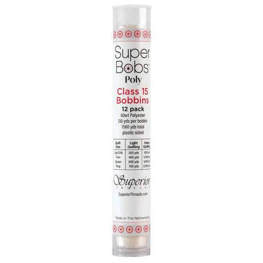 Super Bobs Poly #655 Off White (Class 15) 12 pack pre-wound bobbins.