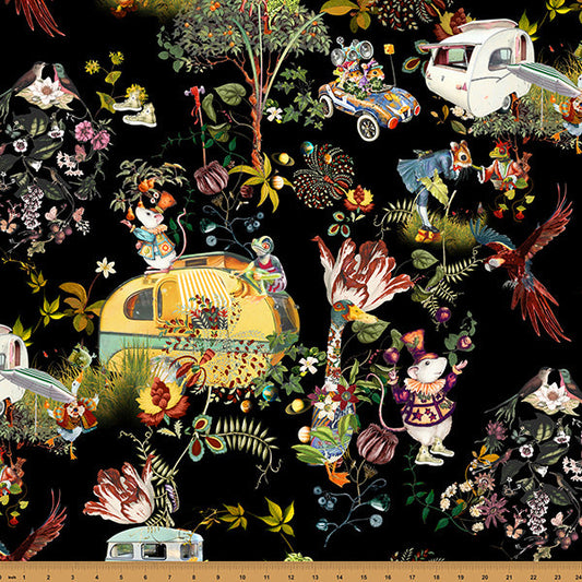 Black Campers Mousing Around  43"/44" Fabric Per Yard