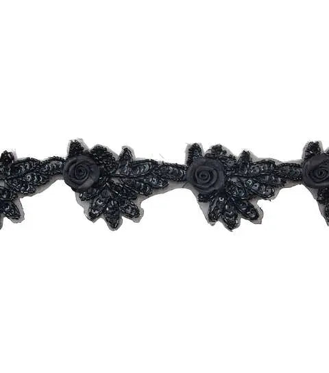 Yaya Han Sew on 3D Rose Trim with Sequins 2.13'' Black - Per Yard
