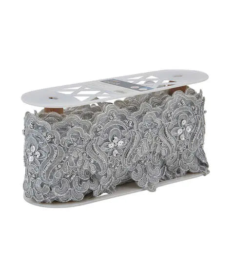 Yaya Han Sew on Fae Lace Trim with Beads 5" Silver - Per Yard