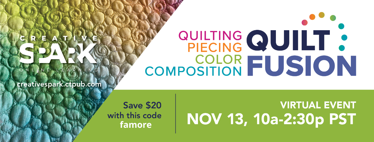 Promotional banner for Quilt Fusion virtual event with Creative Spark branding.